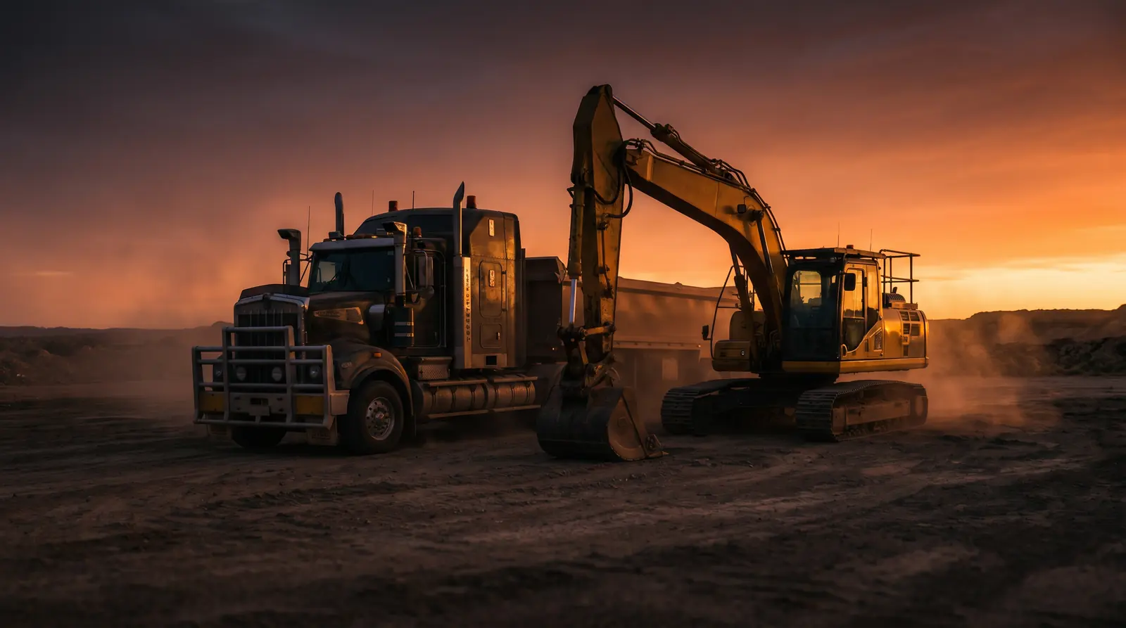 Australian prime-mover truck and excavator on a work site at dusk in warm light — equipment finance Australia